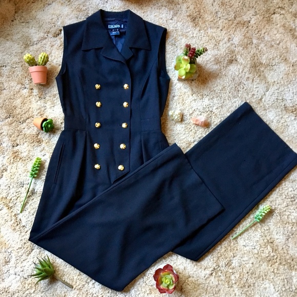 {Vintage Escada} Gold Button Dressy Black Jumpsuit - Picture 1 of 8